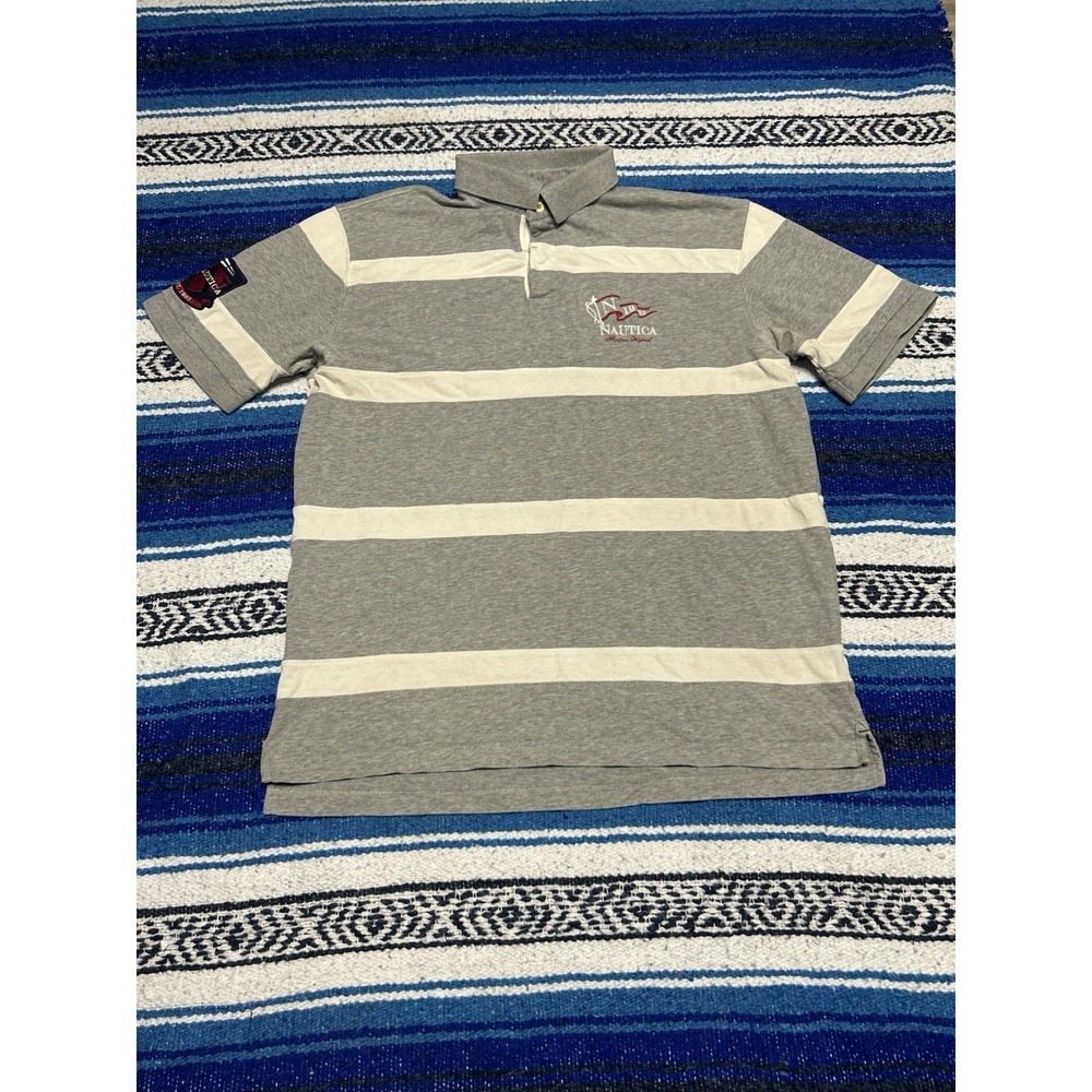 Y2K Nautica Striped Polo Shirt Gray White Embroidered Big Patch Mens Large